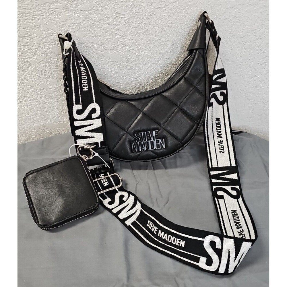 NWT Steve Madden Bandre 2 Quilted Crossbody Bag Guitar Strap Coin Pouch Black